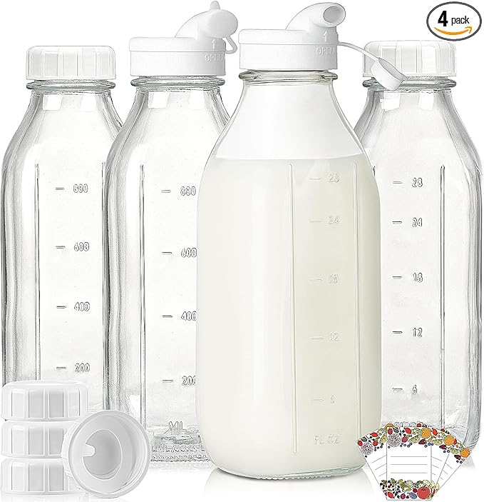 4 Pack 1 Liter Glass Milk Bottles w Scale, 100% Airtight Heavy Duty Screw Lid - 32 Oz Drinking Jars w 2 Pour Spouts - Glass Bottles for Milk, Honey, Jam, Creamer - Dishwasher Safe(Extra 2 Lids)