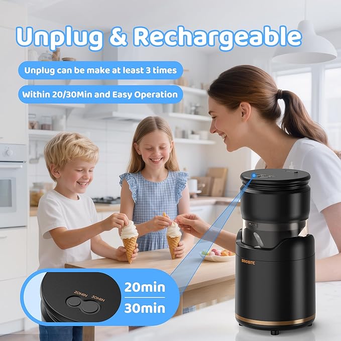 BRIOBITE Ice Cream Maker,Rechargeable Soft Ice Cream Machine with Low Noise,Compact for 1-2 Servings,Perfect for Sorbet,Gelato,Frozen Yogurt,Black