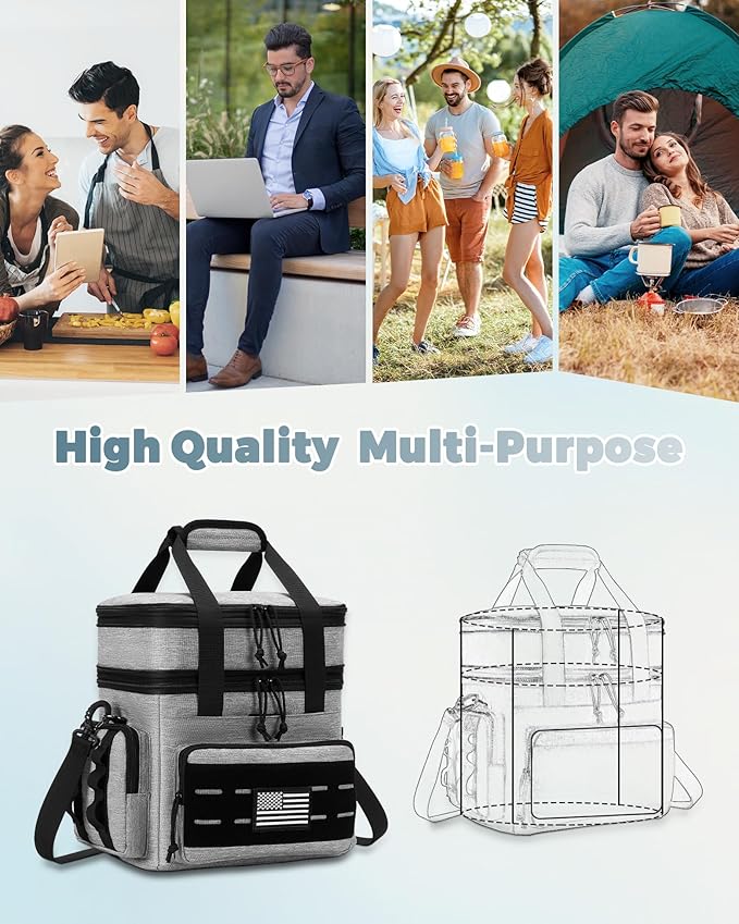 holuxer Tactical Lunch Bag & Lunch Box for Men - Large Double Deck Expandable Insulated Soft Adult Lunchbox for Work - Cooler Bag for Beach, Picnic, Camping,Outdoor，Travel (Gray,16L)