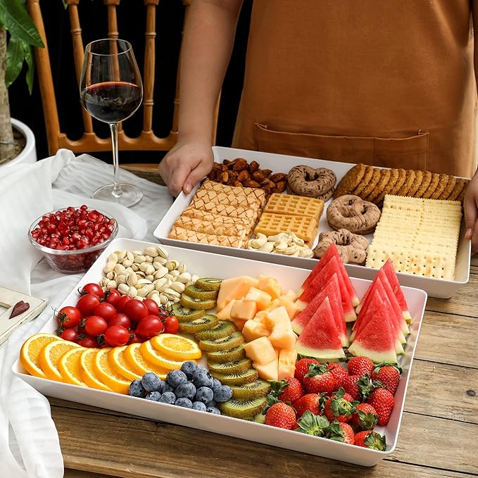 6 Pack, 16" x 11" Large White Serving Trays Set - Reusable Plastic Serving Platters for Cookie, Appetizer, Charcuterie, Snack, Dessert, Party Food Display - Stackable Kitchen CounterTop Tray, BPA Free