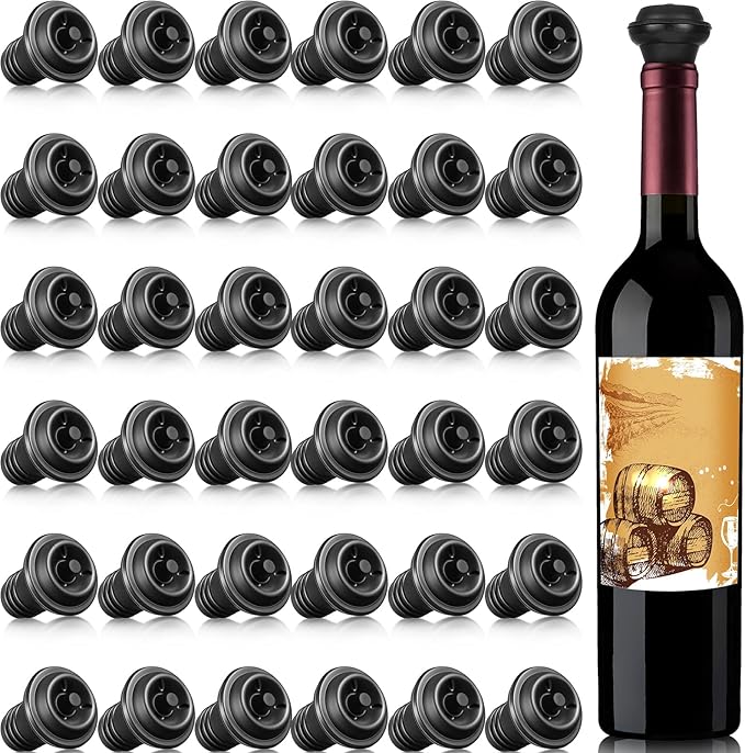 Honoson 36 Pieces Wine Stopper Resealable Pump Vacuum Silicone Saver Practical for Kitchen Supplies Bottle Tools (Black)