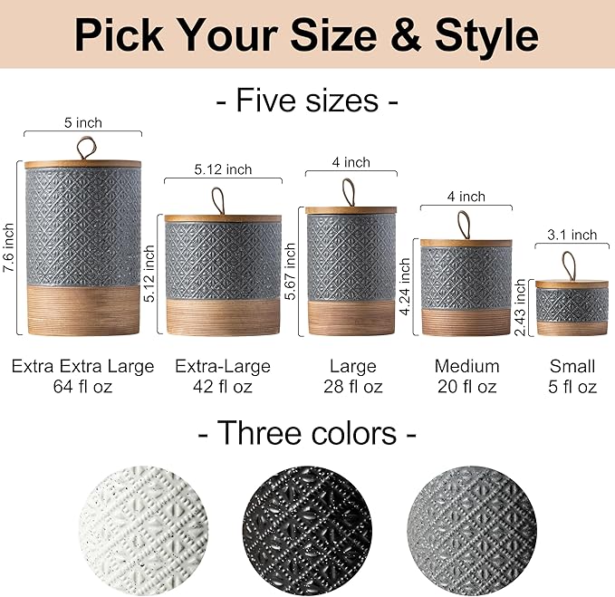 Miamolo Ceramic Spice Jars with Lids, Coffee Canister with Airtight Lid, Small Kitchen Food Storage Jars for Spice Sugar Tea Bag, Stackable Decor Kitchen Jar for Counter - Gray & 20 fl.oz