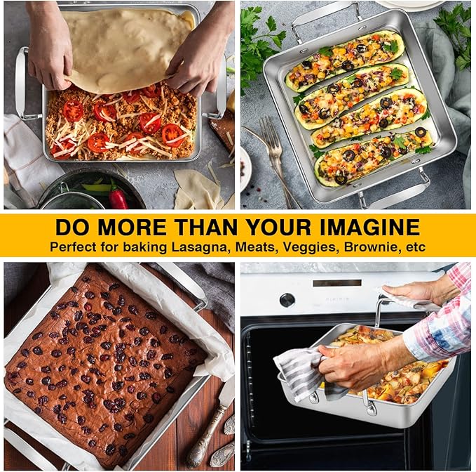 P&P CHEF Beer Can Chicken Holder with Roasting Pan Set, 9-inch Stainless Steel Square Baking Pan and Chicken Rack For Grilling, Heavy Duty & Dishwasher Safe, 2Pcs