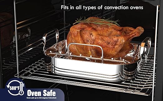 Cooks Standard Stainless Steel Roaster Pan with V-Shaped Rack, Inner 14-Inch x 11-Inch; Edge 15-Inch x 12-Inch; Turkey Roasting Pan Bakeware for Oven, Rectangular