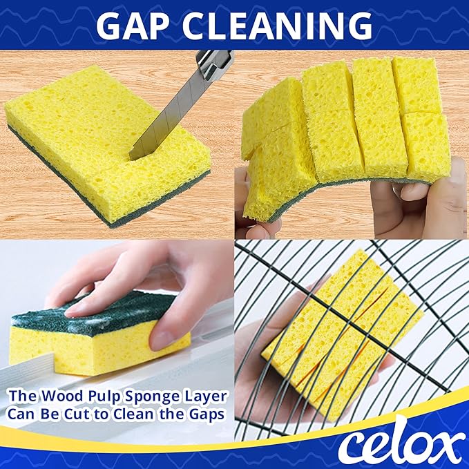 CELOX 24 Pack Dish Sponge for Kitchen, Dish Brush with Soap Dispenser for Cleaning Pots, Dishes, Bowls, Gray