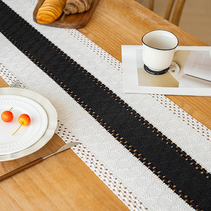 FEXIA Boho Table Runner for Home Decor with Tassels 108 Inches Long,Black Farmhouse Rustic Table Runner Macrame Burlap Table Decoration for Living Room Bridal Shower(12x108 Inches)