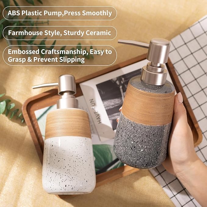 2 Pcs Ceramic Soap Dispenser Set, 15 Oz Refillable Liquid Soap Dispensers with Embossed Texture for Bathroom Countertop and Kitchen Sink, Hand Soap, Dish Soap & Lotion Bottles, Modern Home Decor