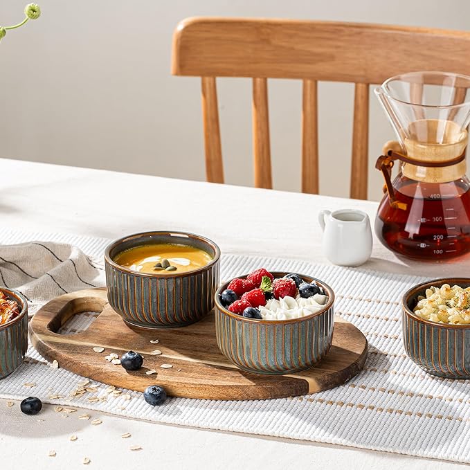 DAFUCERAMIC Ramekins 8 oz Oven Safe, Porcelain Creme Brulee Ramekins Pudding Custard Cups Small Ceramic Souffle Dishes Baking Bowls Set of 4 (GREEN BLUE)