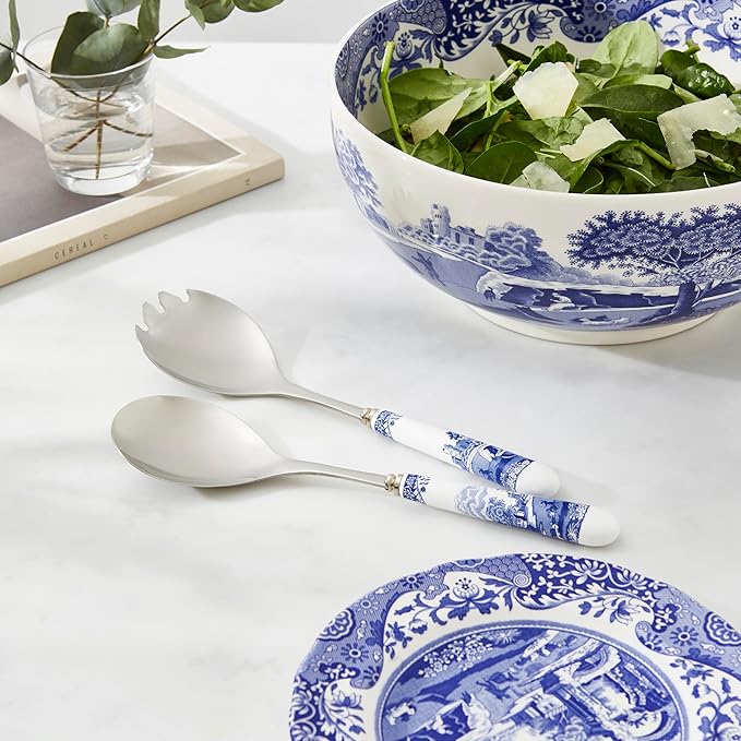 Spode Blue Italian Collection Salad Servers | 2 Piece Spoon and Fork Set | 10 Inch | Blue and White | Made of Porcelain and Stainless Steel | Italian Countryside Design
