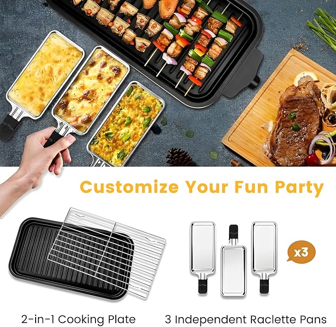 Electric Indoor Grill 1500W, YOHAWJAN 2 in 1 Smokeless Indoor Grills with Non-stick Removable Grill & Griddle Plate, Temperature Control, Portable Korean BBQ Grill with 3 Raclette Cheese Pans