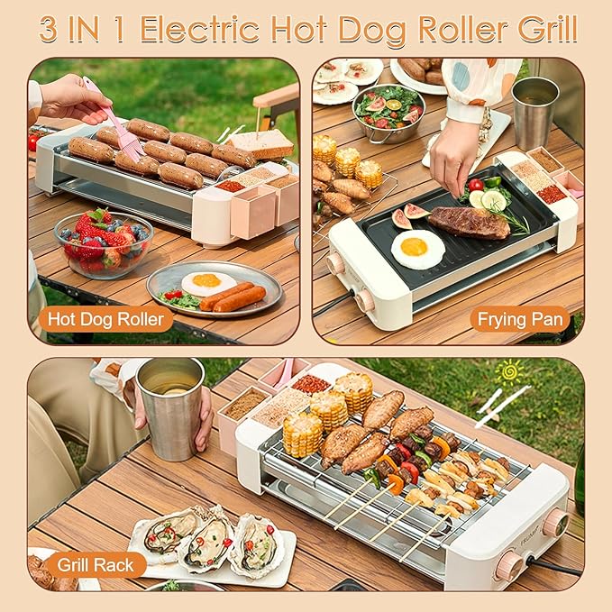 Electric Hot Dog Roller 6 Rollers - 3 in 1 Indoor Grills Portable with Non-stick & Smokeless Removable Grill & BBQ Griddle Plate,Stainless Sausage Grill Cooker Machine, for Family party Use