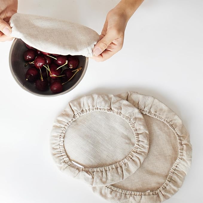 100% Pure Linen Bowl Covers For Bread Proofing, 2 Pcs 12 Inches Elastic Reusable Solid Color Cloth Fabric Bowl Covers,XL Organic Washable Large Stretch Sourdough Lids, Linen