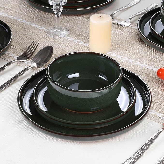 E-far Stoneware Dinnerware Sets for 8, 24 Pieces Reactive Glaze Plates and Bowls Sets, Elegant Dishes with Rustic Terracotta Clay Base, Dishwasher & Microwave Safe, Scratch Resistant, Blackish Green