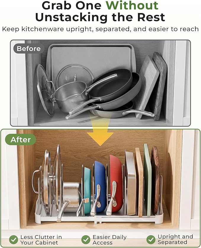 EVERIE Adjustable Bakeware Organizer Pot Lid Holder Rack for Pots, Cake Molds, Cutting Boards, Mats, Cookware, GS02SS, 7.7'' Deep by 12.6'' to 21.5'' Wide