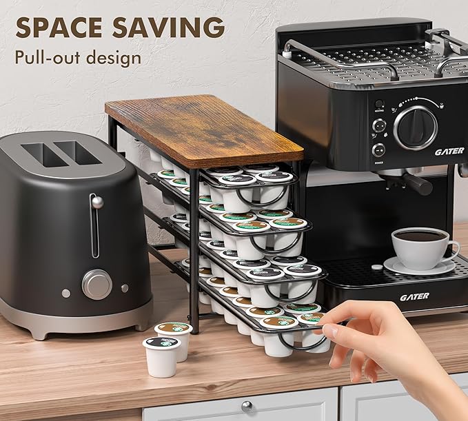 HFHOME Coffee Pod Holder with Wooden Top, Compatible with K-Cups, 4-Tier Coffee Capsule Storage Drawer, 56 Capacity Pods Organizer for Kitchen Counter, Home, Office, Black