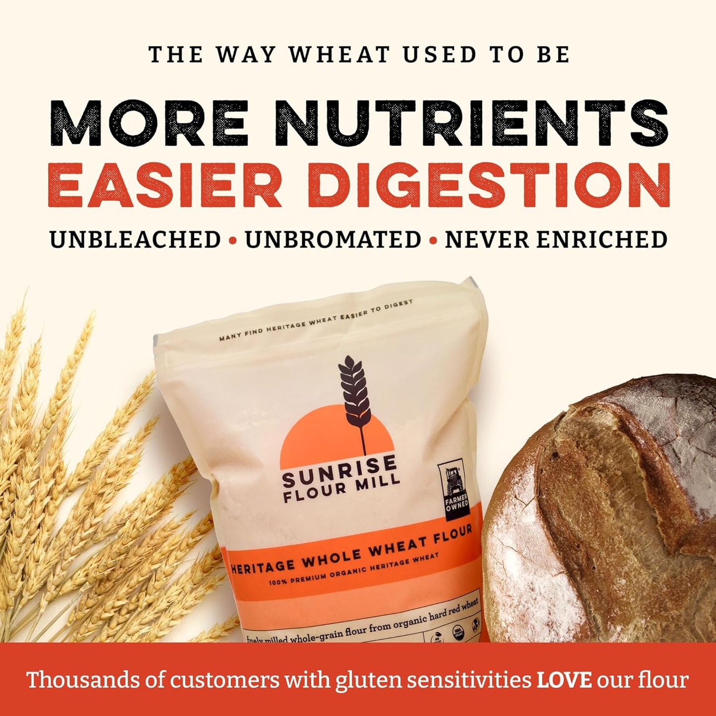Sunrise Flour Mill Heritage Organic Whole Wheat Flour - 5 lbs | Milled from red hard wheat within 10 Days | Easier to Digest with Less Bloating | No Bleaching | Organic whole wheat bread flour
