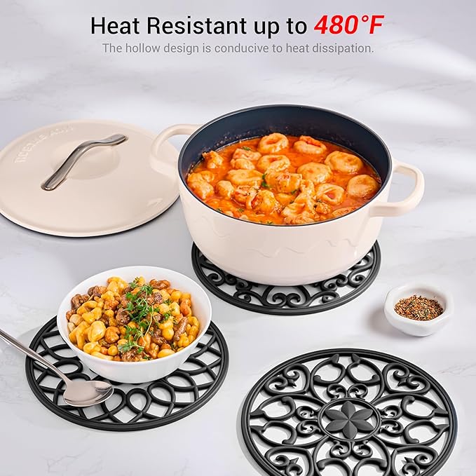 SMARTAKE 3 Set Silicone Trivet Mats, Multi-Use Carved Trivet Mat, Insulated Non-Slip Durable Kitchen Mats, Flexible Modern Kitchen Table Mat, for Hot Dishes, Pots, Dining Countertop, Black