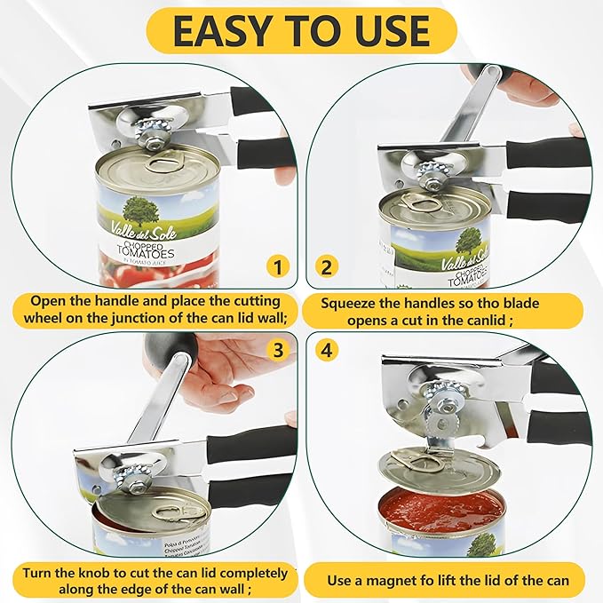 Commercial Heavy Duty Manual Can Opener for Seniors & Arthritis, Stainless Steel with Magnetic Lid Lifter, Smooth Edge Safe Cut, Open for Large Cans, Kitchen & Camping & Commercial with Bottle Opener