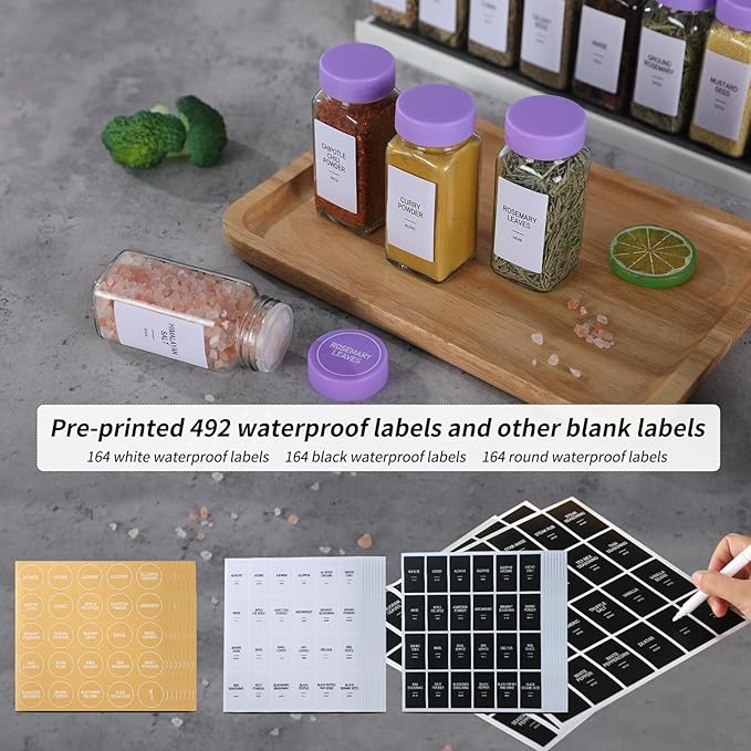 48 Glass Spice Jars with Labels, Spice Jar Set, 4oz Spice Containers, Seasoning Containers with Purple Airtight Lids and Shaker Lids, Square Empty Spice Bottles, 492 Labels, 1 Funnel