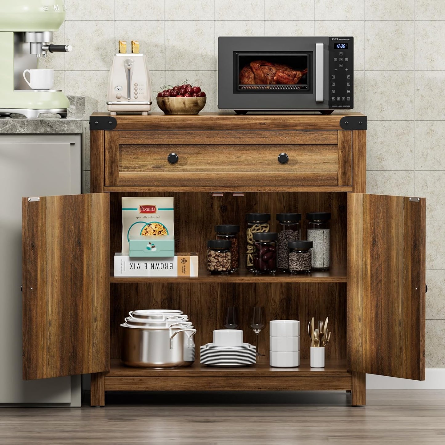 YESHOMY Farmhouse Coffee Bar Cabinet Sideboards, with Barn Doors, Spacious Drawer, Adjustable Interior Shelf, Generous Top Surface, for Kitchen, Bathroom, Entryway, Living Room, Pure Brown