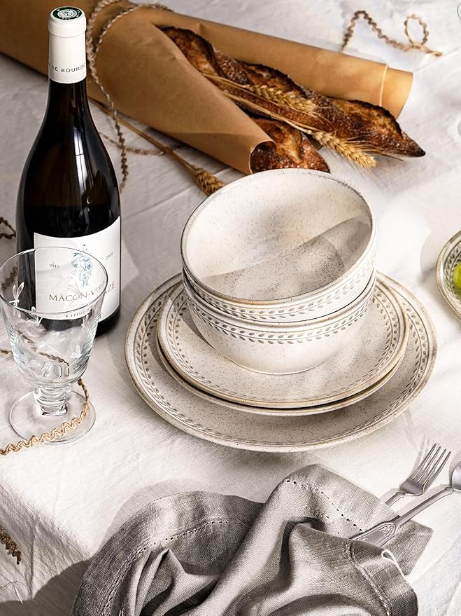 LE TAUCI Dinnerware Sets for 6, 18 Piece Plates and Bowls Sets, Ceramic Kitchen Dish Set, Chip Resistant, Microwave & Dishwasher Safe, Reactive Glaze Beige (8"&10" Plate, 27oz Bowl)
