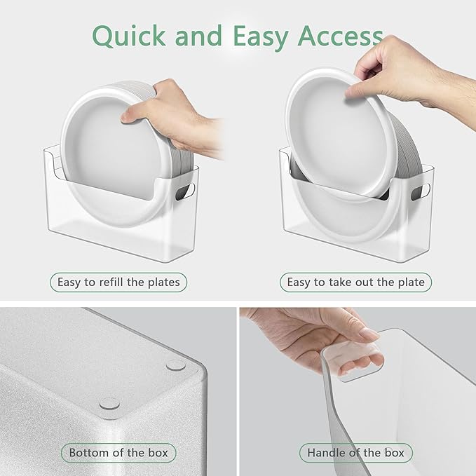 4Pcs Paper Plate Dispenser for 6-9.5 Inch Disposable Plates, Space-Saving Plastic, Foam and Paper Plate Storage Organizer for Cabinet, Countertop, RV or Outdoor (Transparent)