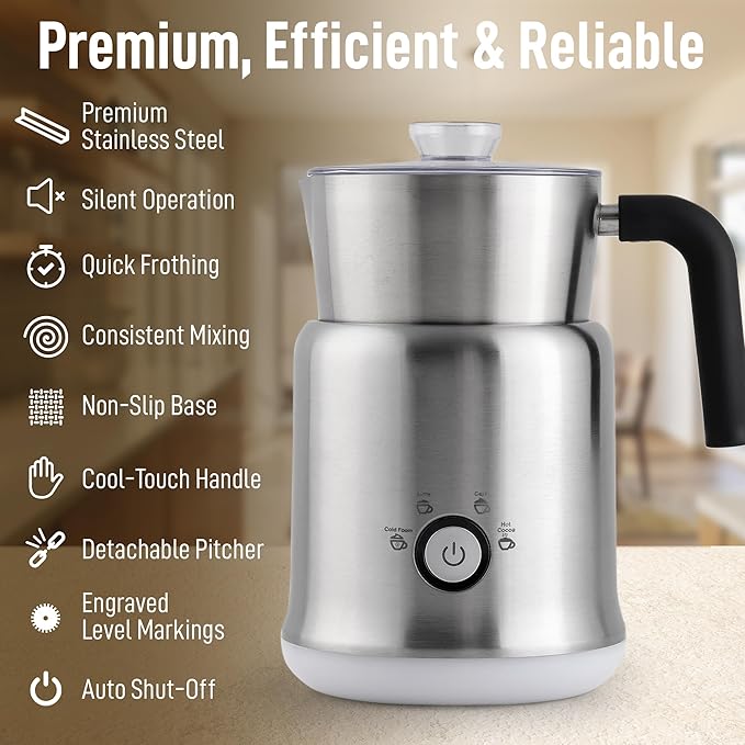 Zulay Electric Hot Chocolate Maker Machine - Powerful, Stainless Steel Hot Chocolate Machine & Hot Cocoa Maker - 4-in-1 Detachable Milk Frother Heater & Cold Foam Maker - Milk Frother Dishwasher Safe