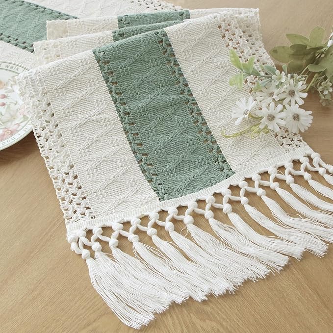 FEXIA Sage Green Table Runner 36 Inches Long with Tassels Boho Macrame Farmhouse Table Runners for Home Decor Party Bohemian Rustic Bridal Shower Dining Decorations(12x36 Inches)