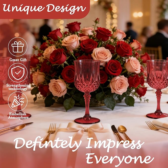 Plastic Wine Glasses, Plastic Goblets Vintage Style Cordial Unbreakable Drinking Glasses, Reusable Drinkware for Wedding Reception, Grand Event Party Supplies, Mother's Day (48, Burgundy)