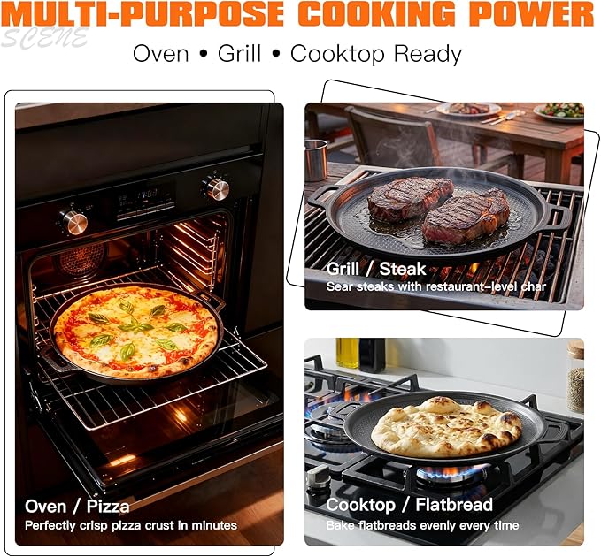 Nonstick Pizza Steel Pan for Pizzas & Flatbreads up to 14", Tri-Ply Stainless Steel with Aluminum Core, Lightweight 4.6 lbs Design, Oven & BBQ Grill Safe up to 900°F, Easy Clean Cooking Surface