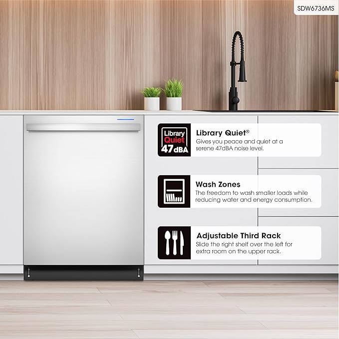 Sharp SDW6736MS 24-inch Stainless Steel Dishwasher, Third Rack, Library Quiet 47 dB, Power Wash Sprayer