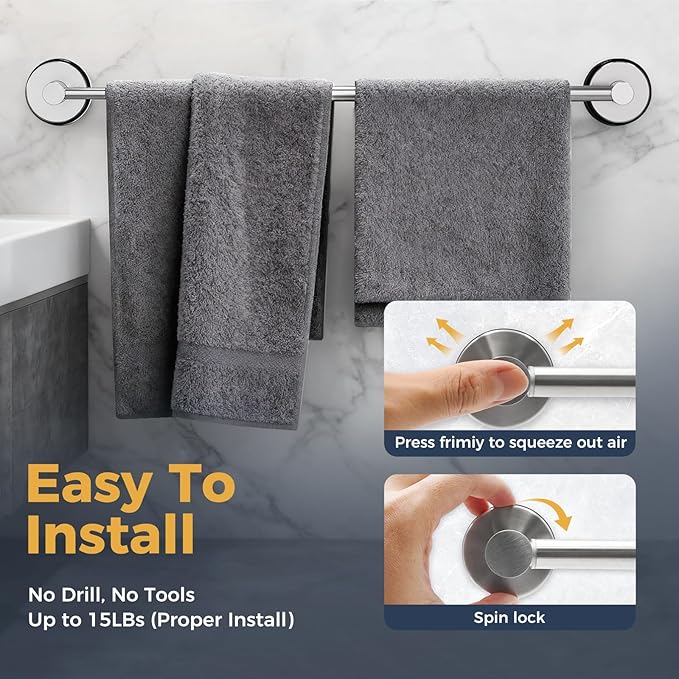 14.6inch~24inch Towel Racks for Bathroom,Adjustable Suction Cup Towel Bar for Bathroom Wall,Stainless Steel Bath Towel Holder for Shower(Brushed Silver)