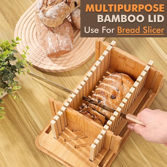 RYTOXILO Bread Slicer with Bread Box, Black Bread Storage Container for Kitchen Countertop with Multifunction Bamboo Lid, 3 in 1 Breadbox for Loaf Slicing & Tray, Bread Holder for Kitchen