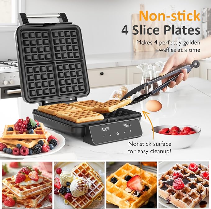 Sunvivi Waffle Maker Machine 4 Slices with Quick Heat-Up, Time & Temperature Control, LCD Display, Nonstick Surface, Perfect Waffle Iron for Kids and Families, Stainless Steel, Silver