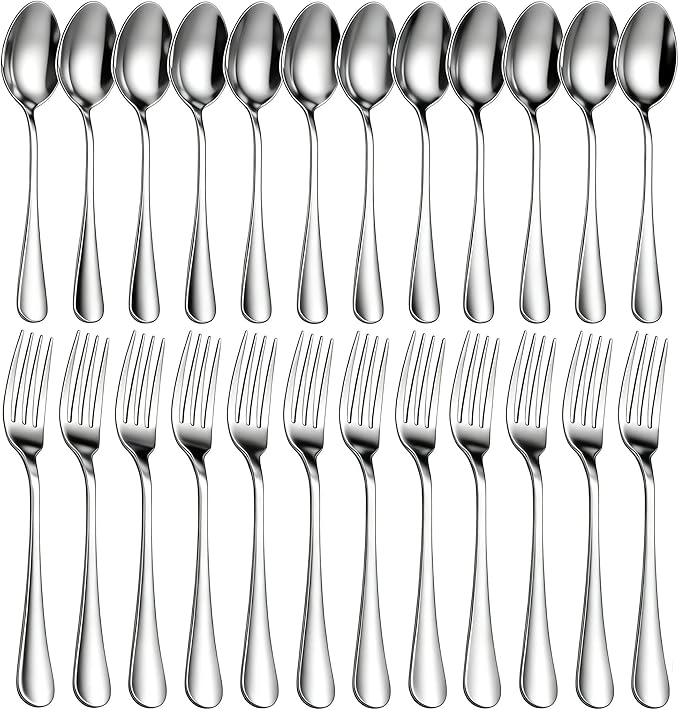 24 Piece Forks and Spoons Silverware Set for 12, Stainless Steel Dinner Forks and Spoons Silverware Set, Heavy-Duty Cutlery Set, Dishwasher Safe (Silver)