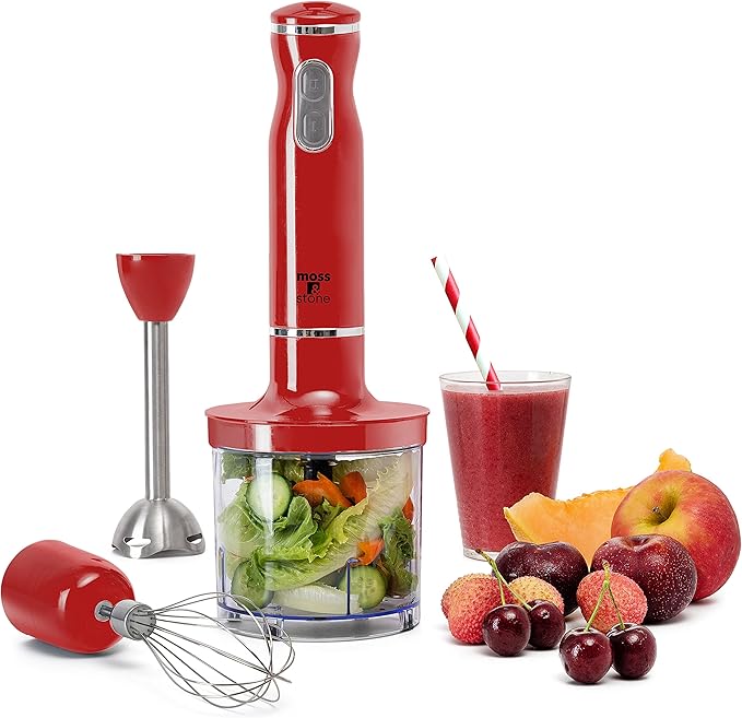 Moss & Stone Electric Hand Blender Set, 300W Immersion Hand Blender with Whisk and Chopper, Stainless Steel Shaft and Blades, 2-Speed Handheld Mixer with Ergonomic Grip, Red