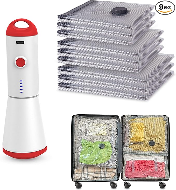 Travel Vacuum Storage Bags with Rechargeable USB Pump, 9 Pack Carry-On Size Compression Packing Bags for Luggage and Suitcase, Space Saver for Clothes and Clothing Travel