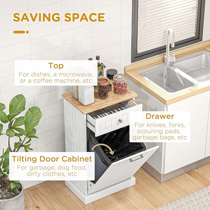 HOMCOM 10 Gallon Tilt Out Trash Cabinet, Wooden Hidden Trash Can with Storage Drawer for Kitchen, Laundry Hamper Cabinet for Bathroom, White