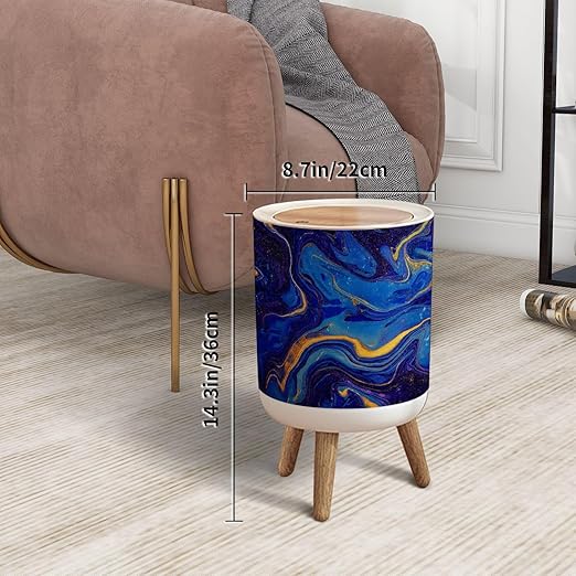 Trash Can with Lid Hand painted mixed liquid blue golden paints Abstract fluid acrylic Press Top Round Small Garbage Bin with Wooden Legs Waste Basket for Kitchen Bedroom Nursery 7L/1.8 Gallon