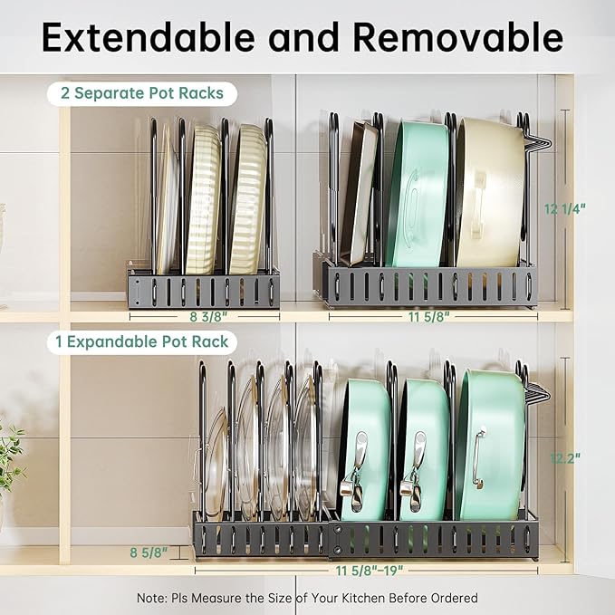 ORDORA Pots and Pans Organizer under Cabinet, 8 Tier Pot Organizers Rack Expandable 11.65" to 19.02" Height with 3 DIY Methods, Adjustable Pan Organizer inside Cabinet Kitchen Storage Organization