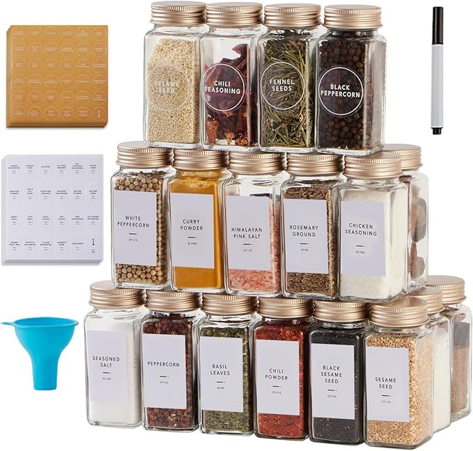 36 Pcs Spice Jars with Label- Glass Spice Jars with Gold Metal Caps,Shaker Lids, Funnel, Chalk Pen,Skiileor 4oz Seasoning Containers Bottles for Spice Rack, Cabinet, Drawer