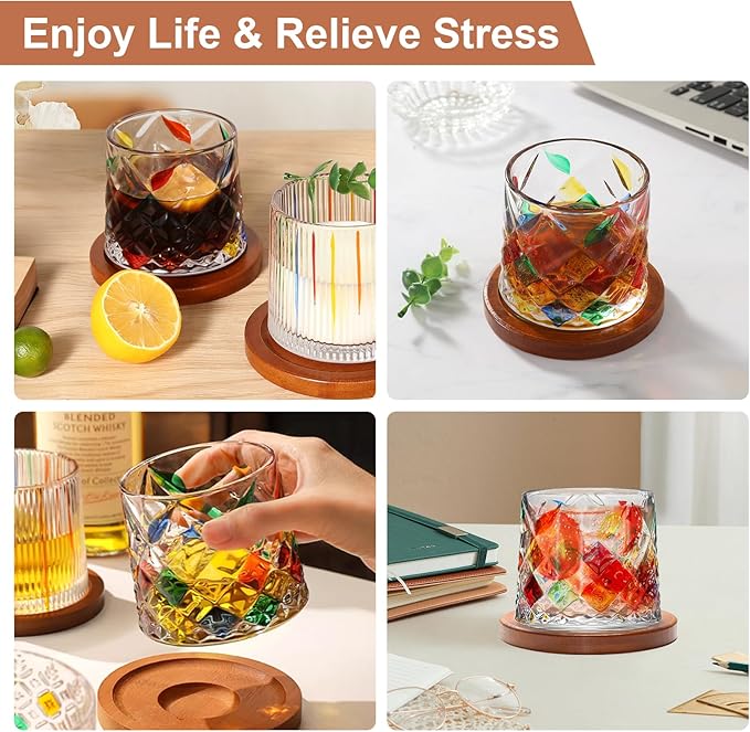 Rotatable Old Fashioned Glass, 275ml/10oz Crystal Whiskey Glass Set of 4, Wood Coaster, Thickening, Used as Rum Glass, Cocktail Cup, Coffee Cup, Milk Cup to Relax and Reduce Stress, Christmas gifts