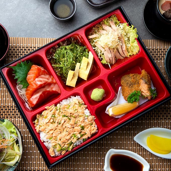 Teenyyou 2 Pcs 12 x 9.5 x 2.2 Inch Japanese Bento Box 6 Compartments Divided Lunch Box with Greaseproof Adult Japanese Bento Lunch Container Sushi Home Restaurant
