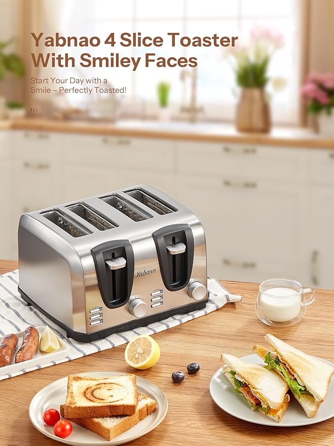 Yabano 4 Slice Toaster, Toaster with Extra Wide Slot and 7-Shade Settings, Defrost and Reheat Function, Make Toast with Smiley Faces, Stainless Steel