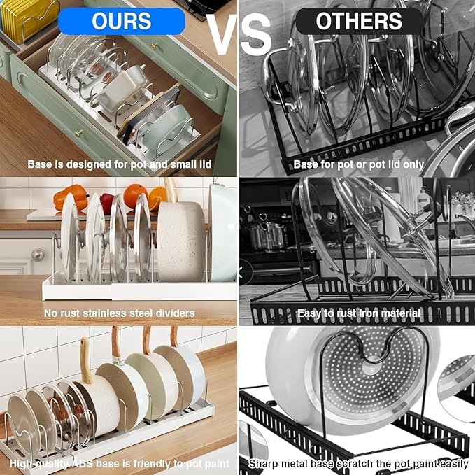Mustorn Pots and Pans Organizer Under Cabinet, 22" Expandable Food Storage Container Lid Organizers with 9 Adjustable Dividers Pot and Pan Lid Holders Rack Inside Cabinet/Countertop(1 Pack, White)