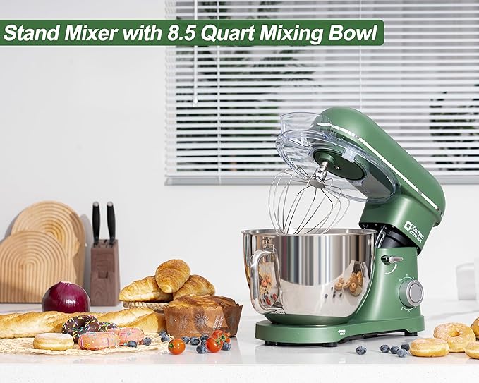 Kitchen in the box Stand Mixer - 8.5 Quart Mixing Bowl with Handle, 900 Watt Heavy Bread Dough Standing Mixers Tilt-head with Dough Hook, Whisk, Flat Beater and Splash Guard (Green)