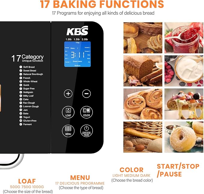 KBS 710W 2LB Bread Maker Dual Heaters, 17-in-1 Stainless Steel Bread Machine with Healthy Ceramic Pan, Automatic Nut Dispenser, Tempered Glass Touch Panel, 3 Crust Colors, 15H Timer& Keep-Warm,Recipes