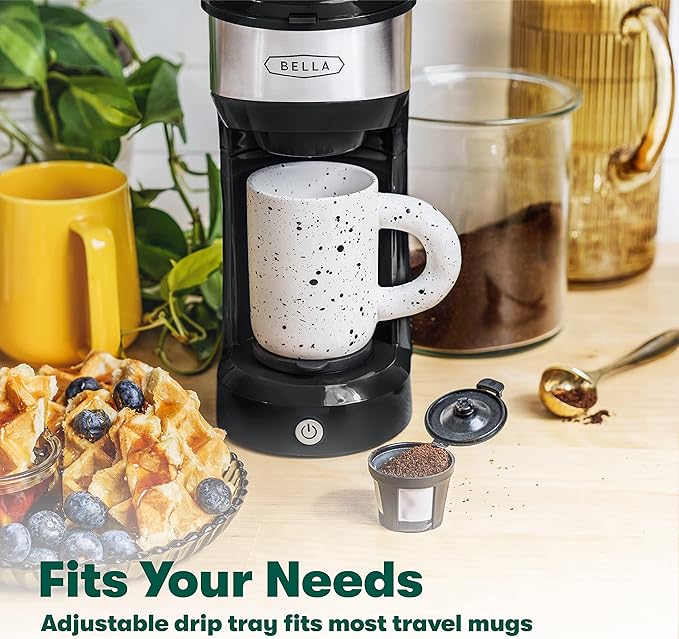 BELLA Dual Brew Single Serve Coffee Maker, Brews both Kcup and Ground Coffee, Large 14oz Capacity, Easy One Touch, Auto Shutoff, Black