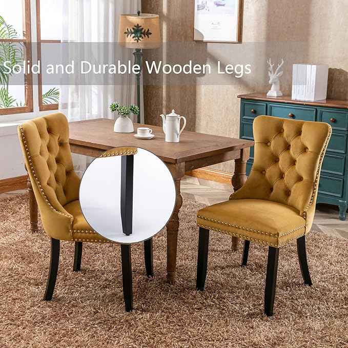 Velvet Dining Chairs Set of 6, Upholstered Dining Room Chairs with Back Ring Pull Trim and Solid Wood Legs,Tufted Wingback Kitchen Chair Perfect for Dining Room,Living Room,Kitchen(Gold)
