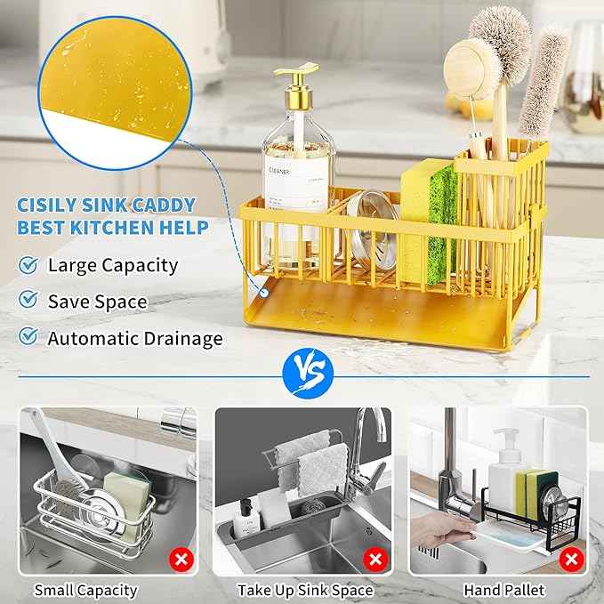 Cisily Yellow Sink Caddy Organzier with High Brush Holder, Sponge Holder for Sink, 304 Rustproof Stainless, Kitchen Countertop Soap Dispenser Organizer,Yellow Kitchen Decor and Accessories
